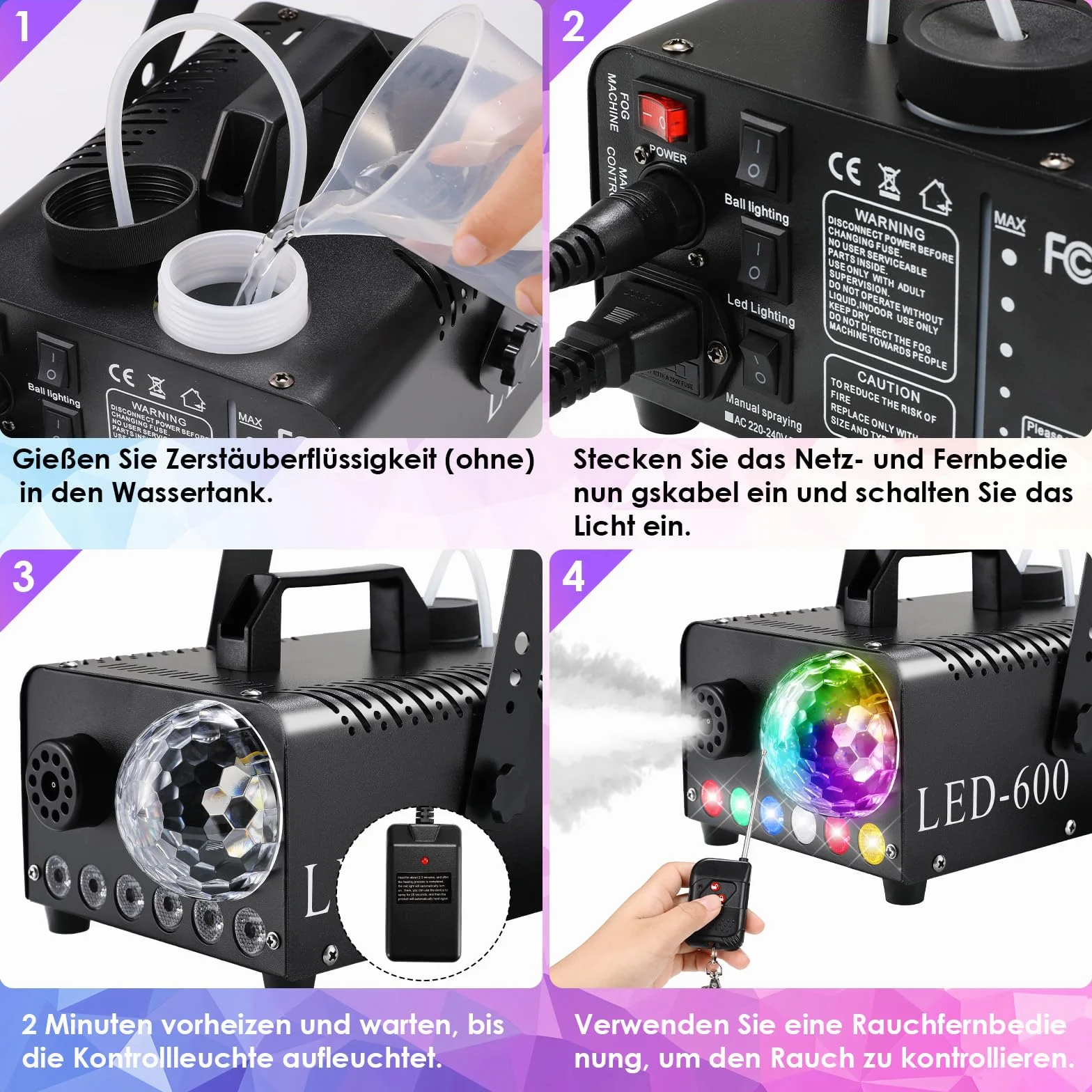 MAMIZO Nebelmaschine mit Discokugel, 600W 5000 CFM Smoke Machine, 6 LED RGB Licht Fog Machine, Mini Fog Rauchmaschine mit Automatischer Sprühfunktion, Ideal für Halloween, Hochzeiten und Partys