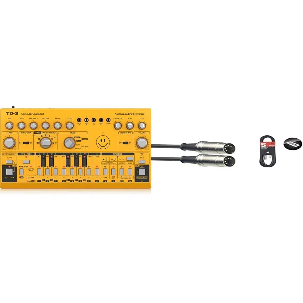 Behringer TD-3-AM Analoger Bass-Line-Synthesizer mit VCO, VCF, 16-stufigem Sequenzer, Verzerrungseffekten und 16-stimmiger Polykette & Stagg SMD1 Metal MIDI-Kabel (1m, DIN-Stecker-auf-DIN-Stecker)