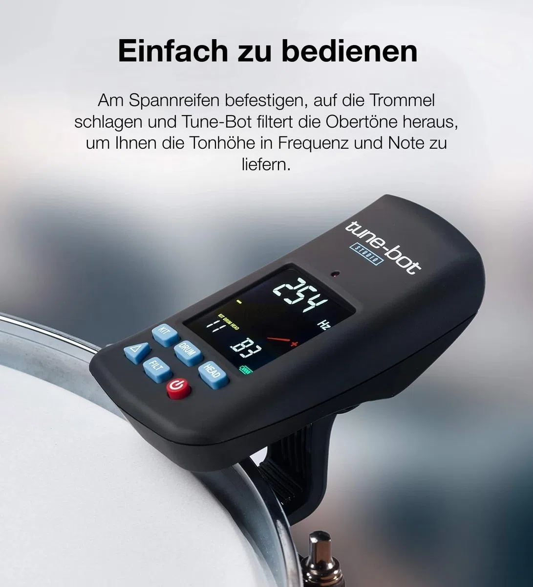 Overtone Labs Tune-Bot Studio TBS-001 Digitales Schlagzeug-Stimmgerät mit Clip, Frequenz- & Tonhöhenmessung, Speicherfunktion für 5 Drumkits, LCD-Farbdisplay, inkl. Etui