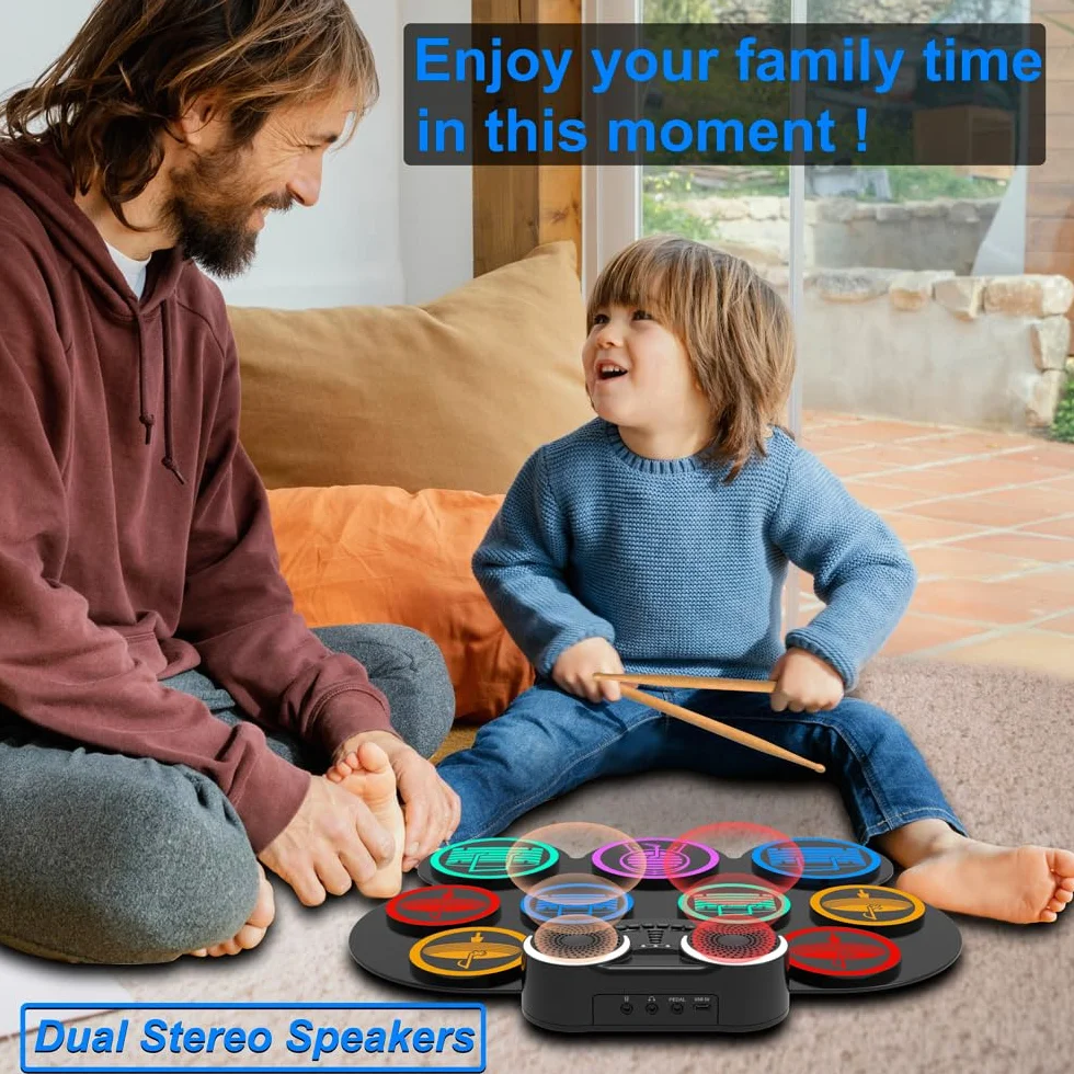 Schlagzeug Elektronisch, 9-Pad Digitales E Drum Set mit Lautsprechern/Kopfhöreranschluss, Tragbares Elektro Schlagzeug Kinder mit Bluetooth MIDI für Anfänger, 10 Stunden Laufzeit