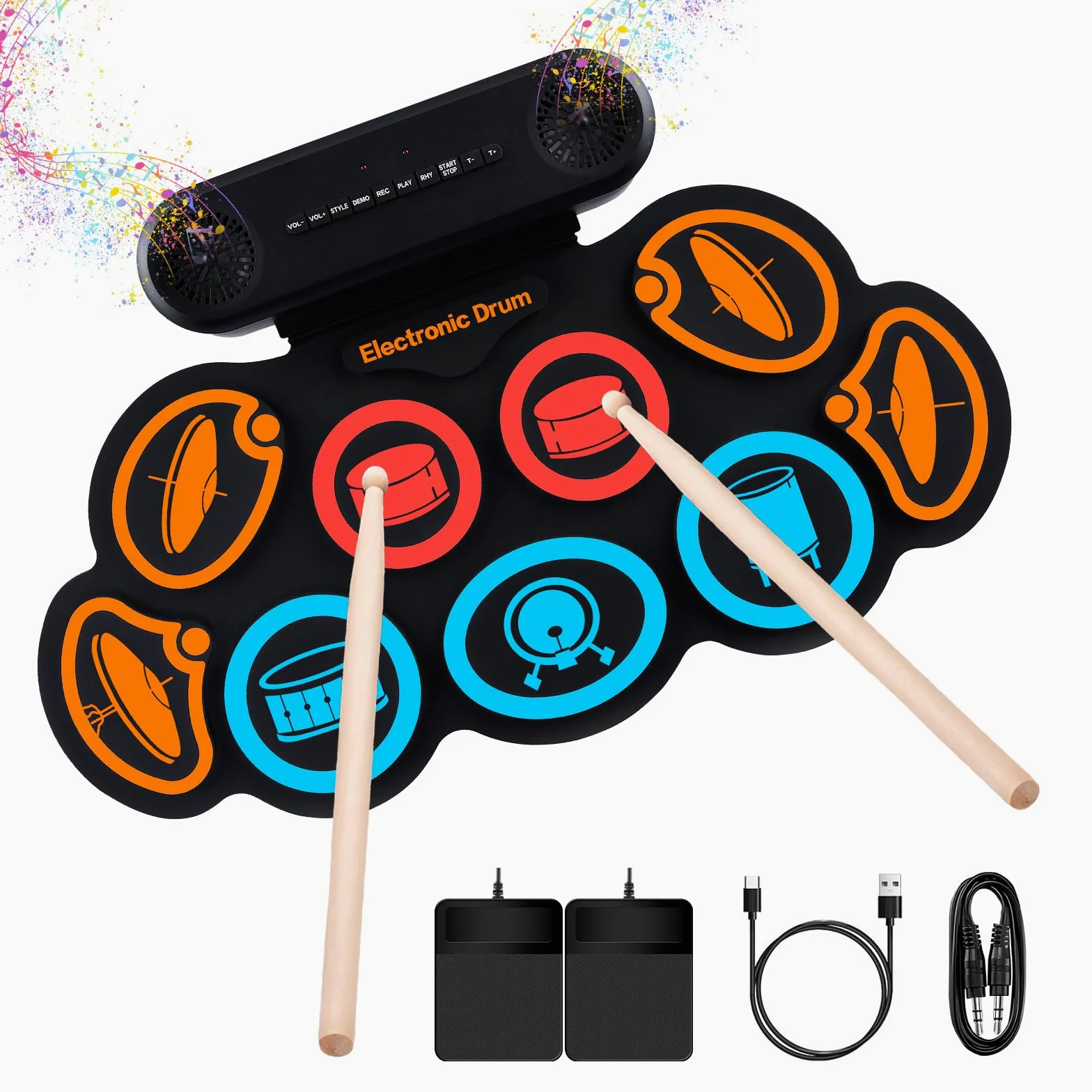 Schlagzeug Elektronisch, 9 Pads Rolling Electric Drum Pad Kits Machine Mit KopfhöReranschluss, 10 Stunden Spielzeit, 2 Eingebaute Lautsprecher (Bunt)