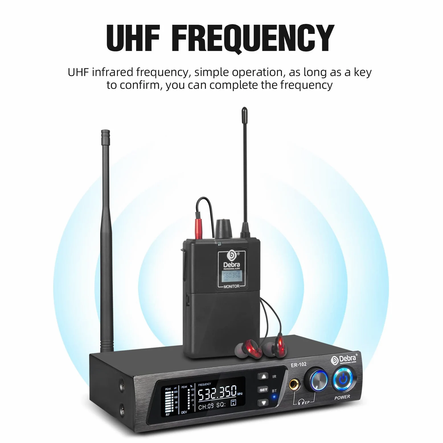 D Debra ER-102 UHF Single Channel Wireless In-Ear-Monitorsystem mit Sender und Empfänger für Bühne, Aufnahmestudio, Musiker, Monitoring (1 Bodypack with Transmitter)