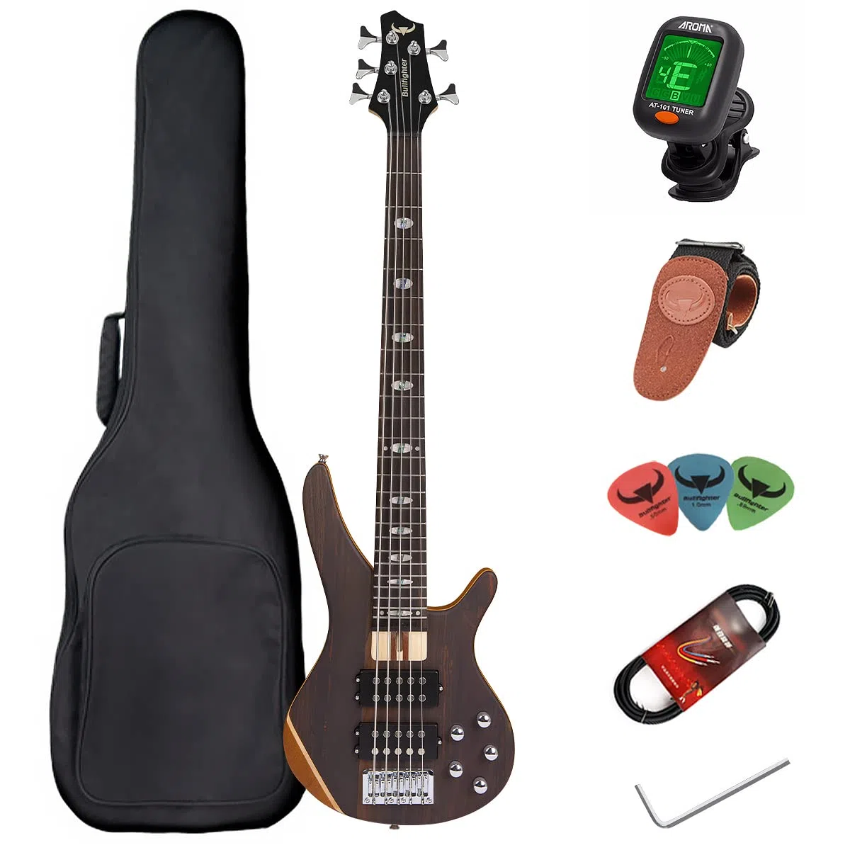 Bullfighter E-Bass 5 Saiten in voller Größe P Bass Set für Anfänger schwarz mit Konzerttasche, Gitarrengurt und Gitarrenkabel