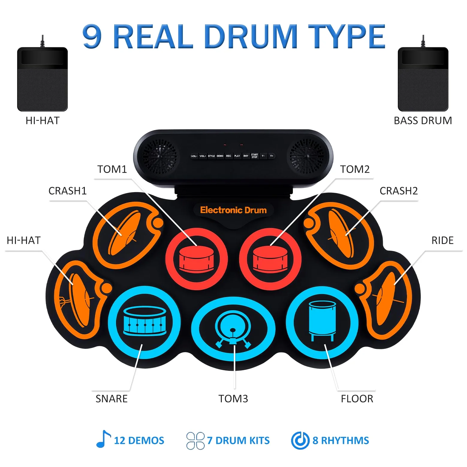 Schlagzeug Elektronisch, 9 Pads Rolling Electric Drum Pad Kits Machine Mit KopfhöReranschluss, 10 Stunden Spielzeit, 2 Eingebaute Lautsprecher (Bunt)