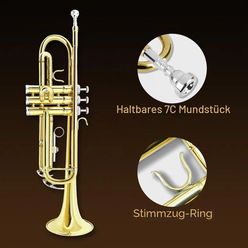 Standard Bb Trompete Set für Anfänger, Studenten Trompete, Messing Trompeteninstrument, B Flach, mit 7C Mundstück, Reinigungstuch, Handschuhen und Hartschalenkoffer (Golden)