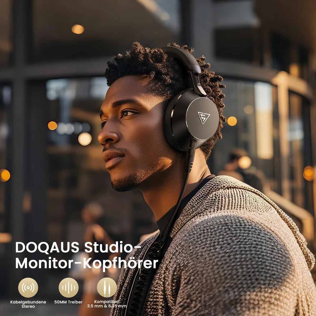 DOQAUS Over Ear Kopfhörer mit Kabel, 50mm HiFi Studio Kopfhörer für DJ & Monitoring, mit 6.35mm & 3.5mm Dual-Stecker, Share Port, Bequeme Ohrpolster, Drehbare Ohrmuscheln, Schwarz