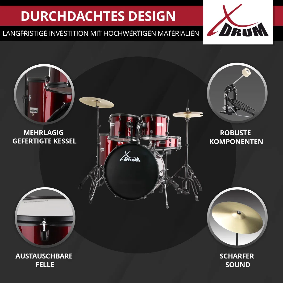 XDrum Rookie Schlagzeug Set Drumset Rot (20" BD, 10", 12", 14" TT, 14" SD, Übungsbecken bestehend aus einem Satz Hi-Hat-Becken 14" und 1 Crash-Ride-Becken 16", inkl. Schule und Schlagzeugdämpferset)