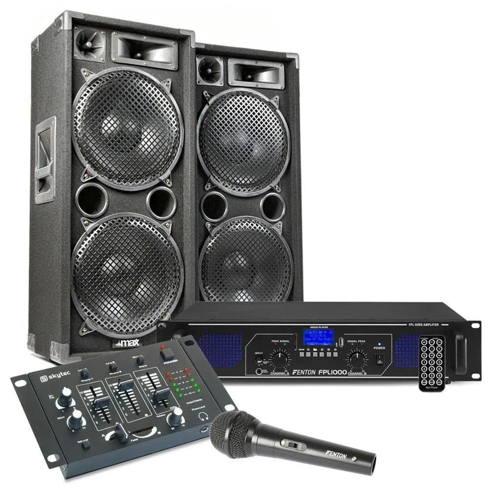 MAX212 - DJ Starter Kit - DJ Boxen Set 2800 Watt inklusive DJ Mixer, Verstärker mit Bluetooth, MP3, USB, MAX212 Bundle 2 Lautsprecher mit Verstärker, PA-Anlage Komplett Set