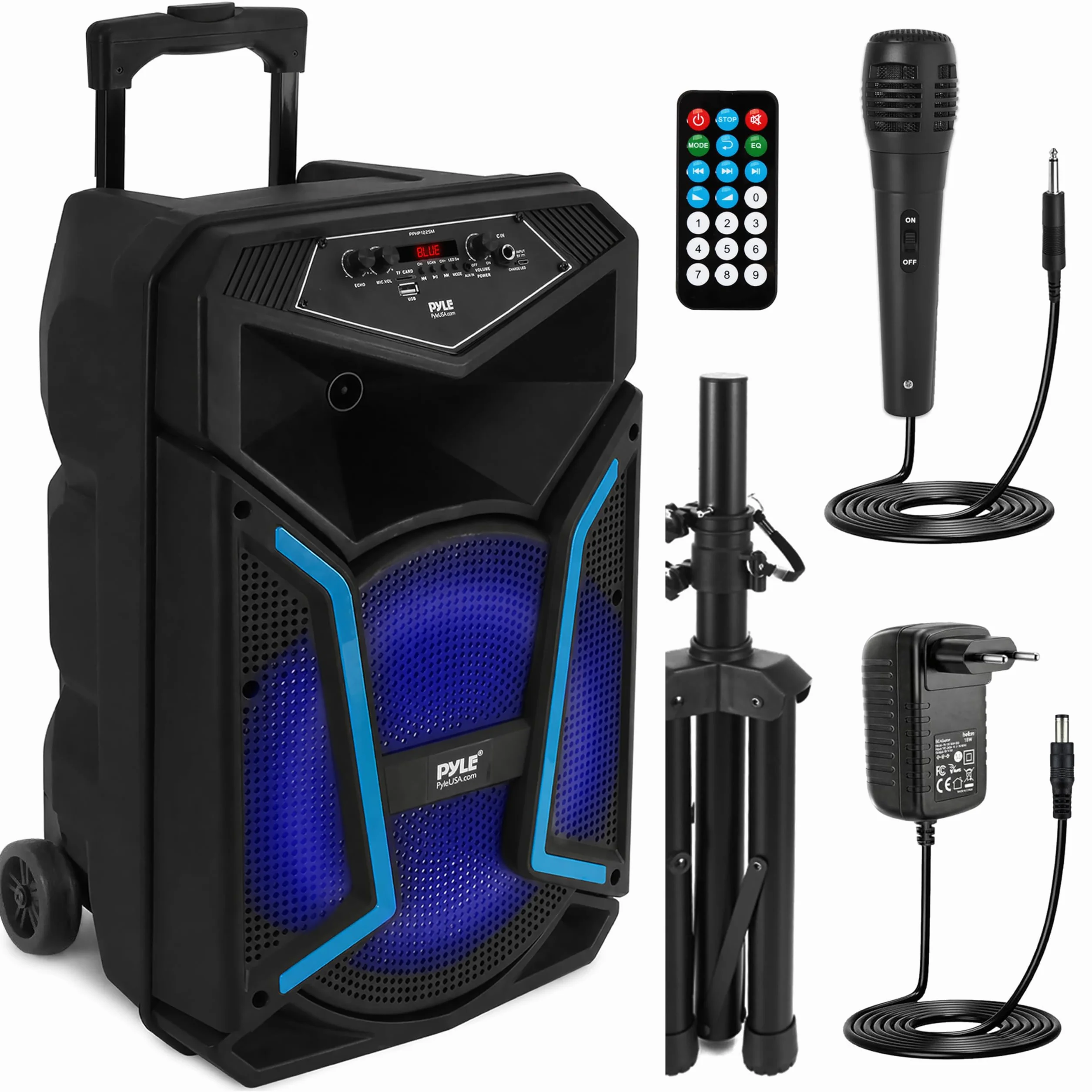 Pyle Partybox Bluetooth 12 Zoll 800W Lautsprecher – Leistungsstarke PA Anlage mit Akku, Mikrofon, LED Lichteffekte, USB, AUX, FM Radio, Rollen & Teleskopgriff