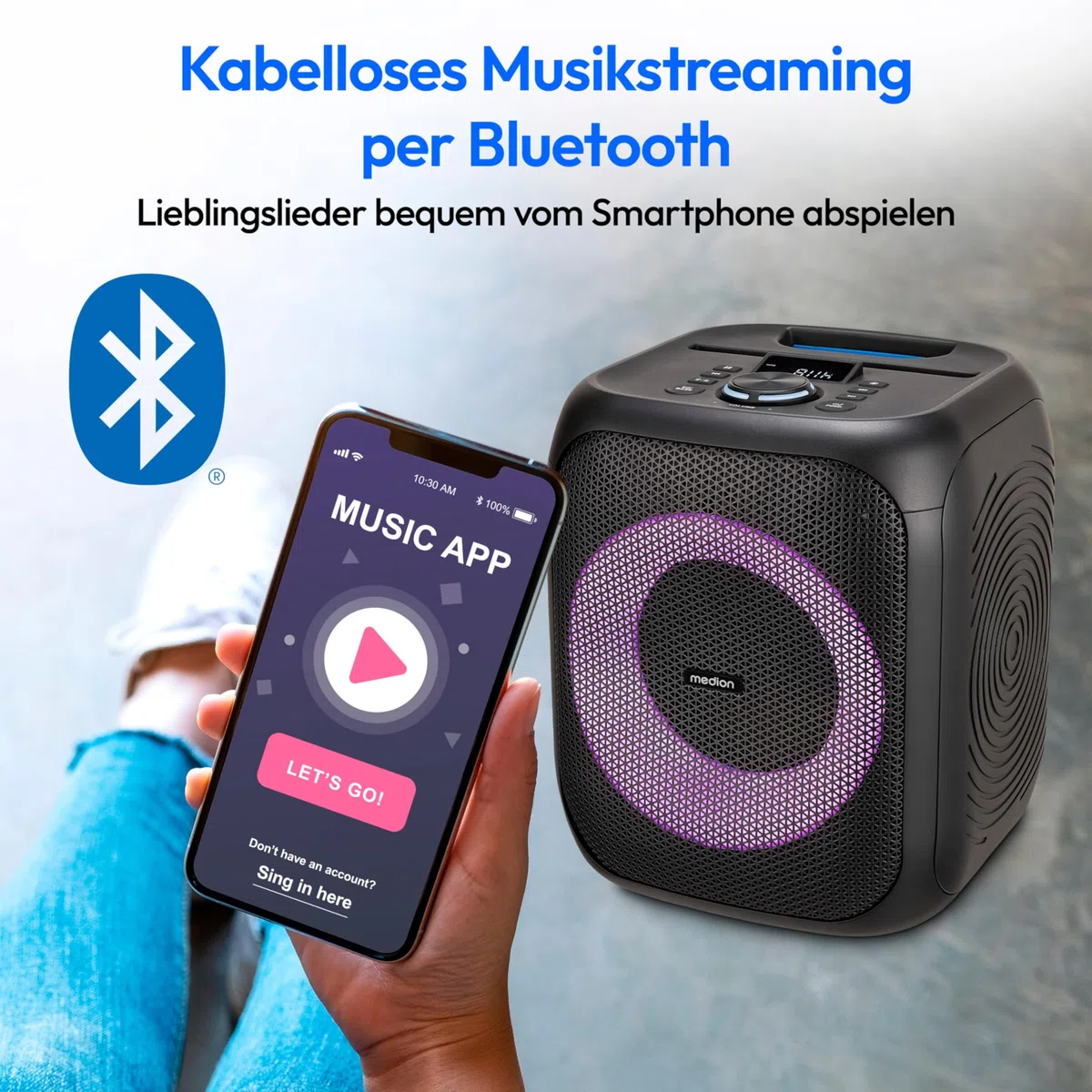 MEDION S61991 Partylautsprecher mit Bluetooth (Partysoundsystem inklusive Mikrofon, Party Box, tragbares Soundsystem, integrierter Akku, für drinnen und draußen, Lichteffekte, TWS)