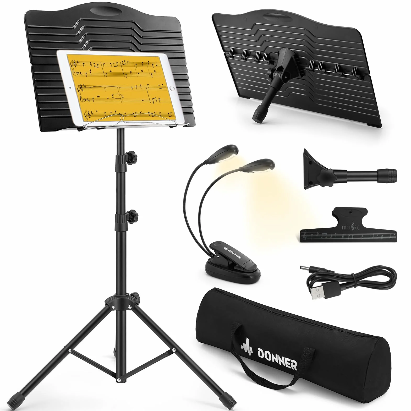 Donner Notenständer Faltbarer Reise-Metallständer Verstellbar DMS-1 mit Tragetasche, drehbares aufladbares Musiklicht und Clip-Halterung, tragbarer Projektorständer, Laptop-Ständer, Musikordner