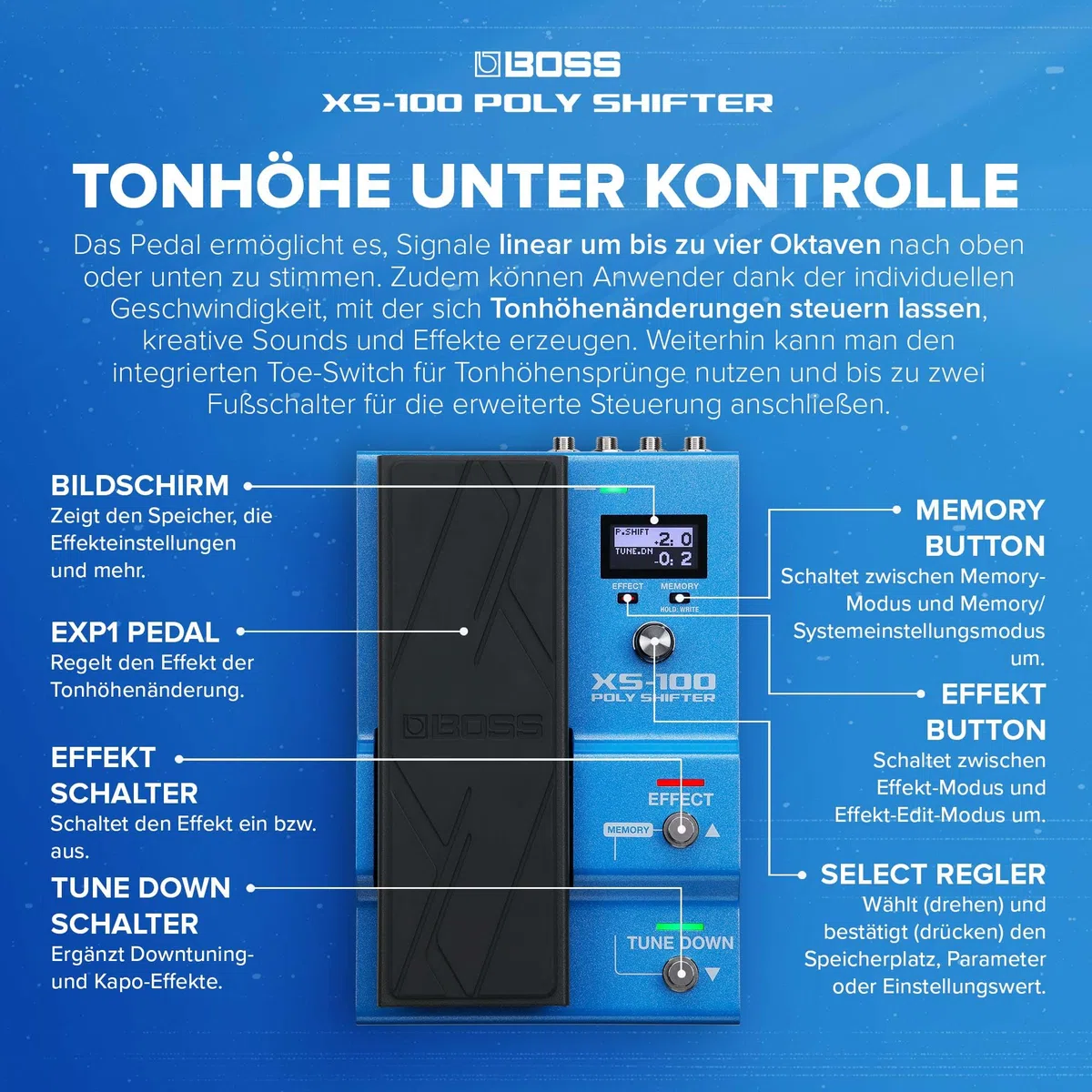 BOSS XS-100, Moderne Pitch-Shifting-Workstation mit umfangreichen Steuerungsoptionen und einer Bandbreite von acht Oktaven