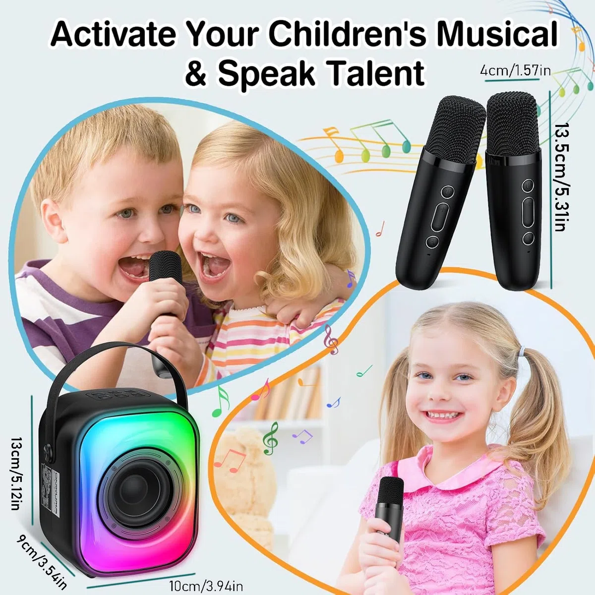 PHNIXGAM Mini Karaoke Maschine mit 2 drahtlosen Mikrofonen, Tragbarer Bluetooth Lautsprecher, Karaoke Mikrofon mit LED, Lautsprecher-Unterstützung für TF-Karte/USB, AUX in (Schwarz)