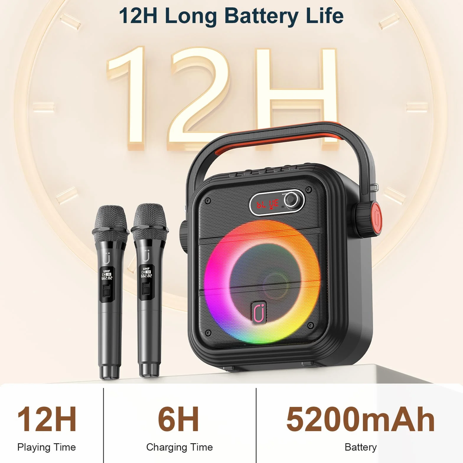 JYX Karaoke Maschine mit 2 kabellose Mikrofones, Tragbaren Bluetooth Lautsprecher mit RGB-Licht Unterstützt TF/USB, AUX,FM,Rec,TWS, Karaoke Anlage für Karaoke, Party, PA-System für Erwachsene/Kinder