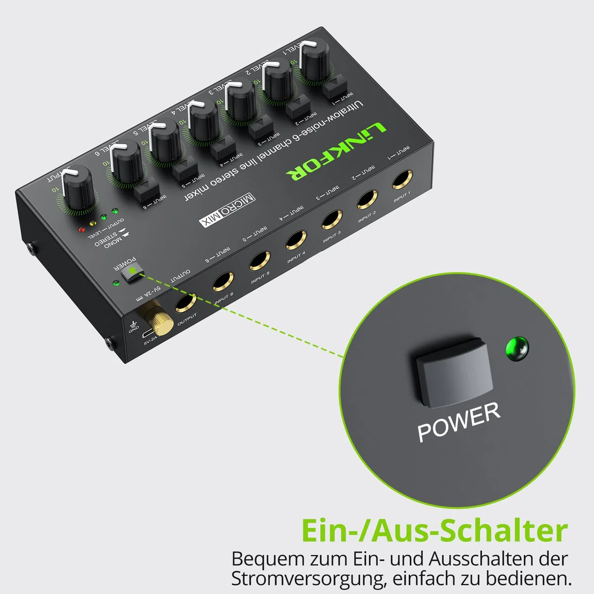 LiNKFOR 6 Kanal Mini Stereo Audio Mixer Ultrakompakter Audiomixer Unabhängige Lautstärkeregelung für Mischungen, DC 5V Type-C Mini-Audiomischer mit Netzteil Audiokabel - Ultra Niedrig Noise