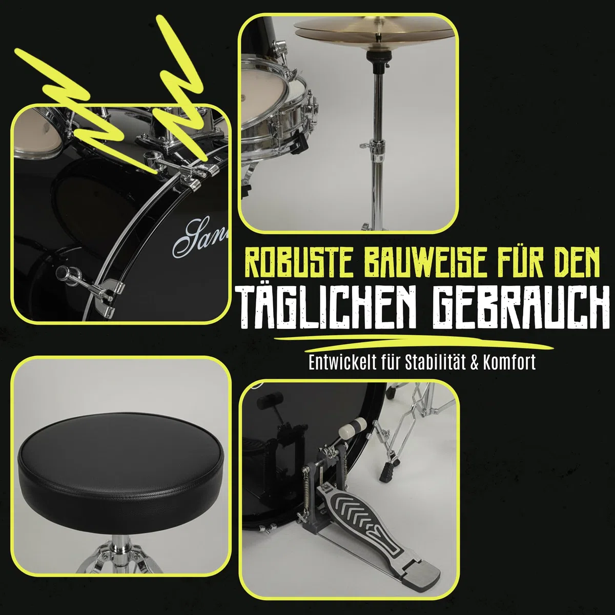 Santander Schlagzeug Set 9-teilig schwarz – Musik-Lern-Instrumentenset für Anfänger, Jugendliche & Schüler – mit Becken, Ständer, Hocker, Snaredrum, Bassdrum, Toms - in Hochglanz schwarz