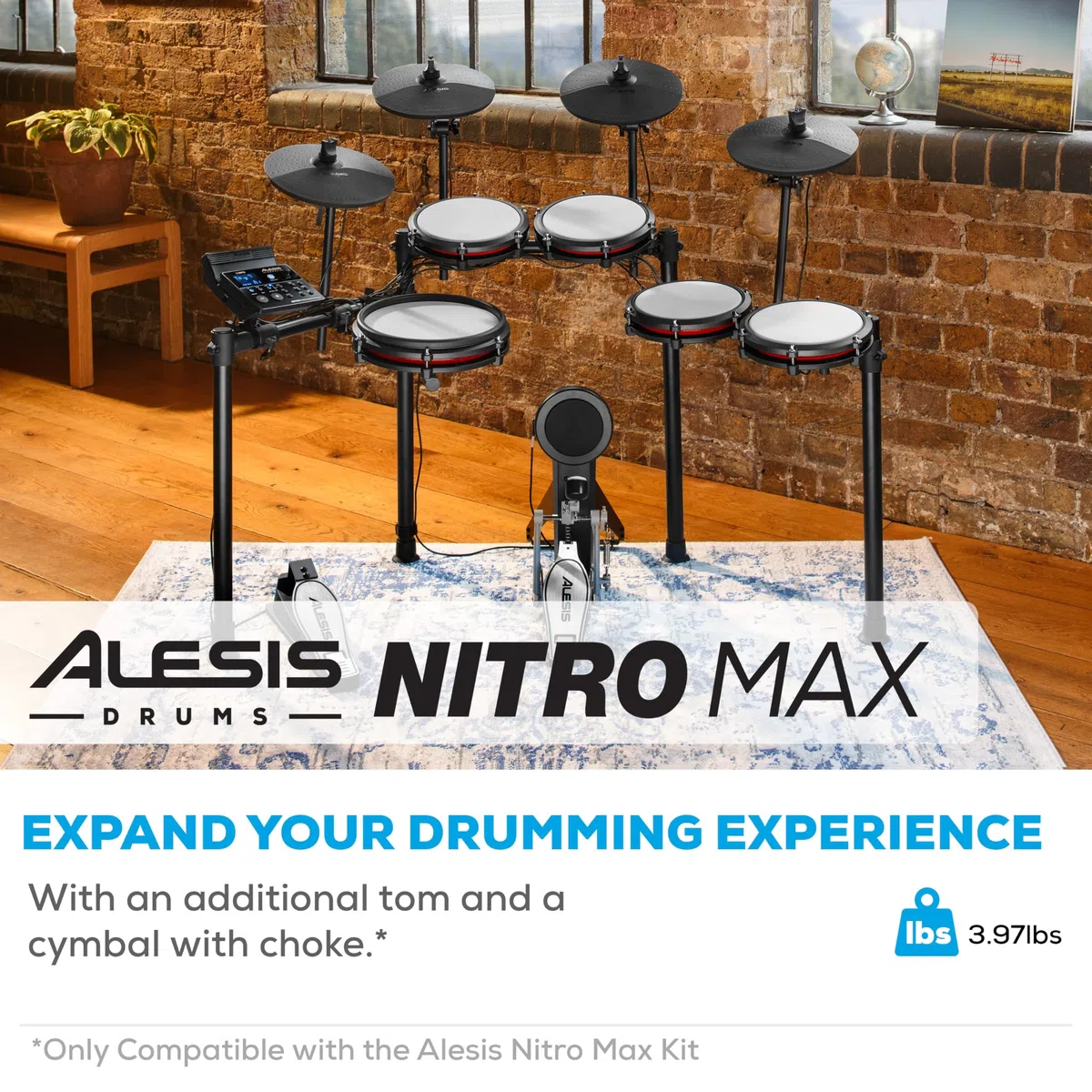 Alesis Drums Nitro Max Expansion Pack - E-Drum Set Erweiterung für Nitro Max Kit mit Mesh Tom Pad, 10" Becken mit Choke und Verbindungskabeln