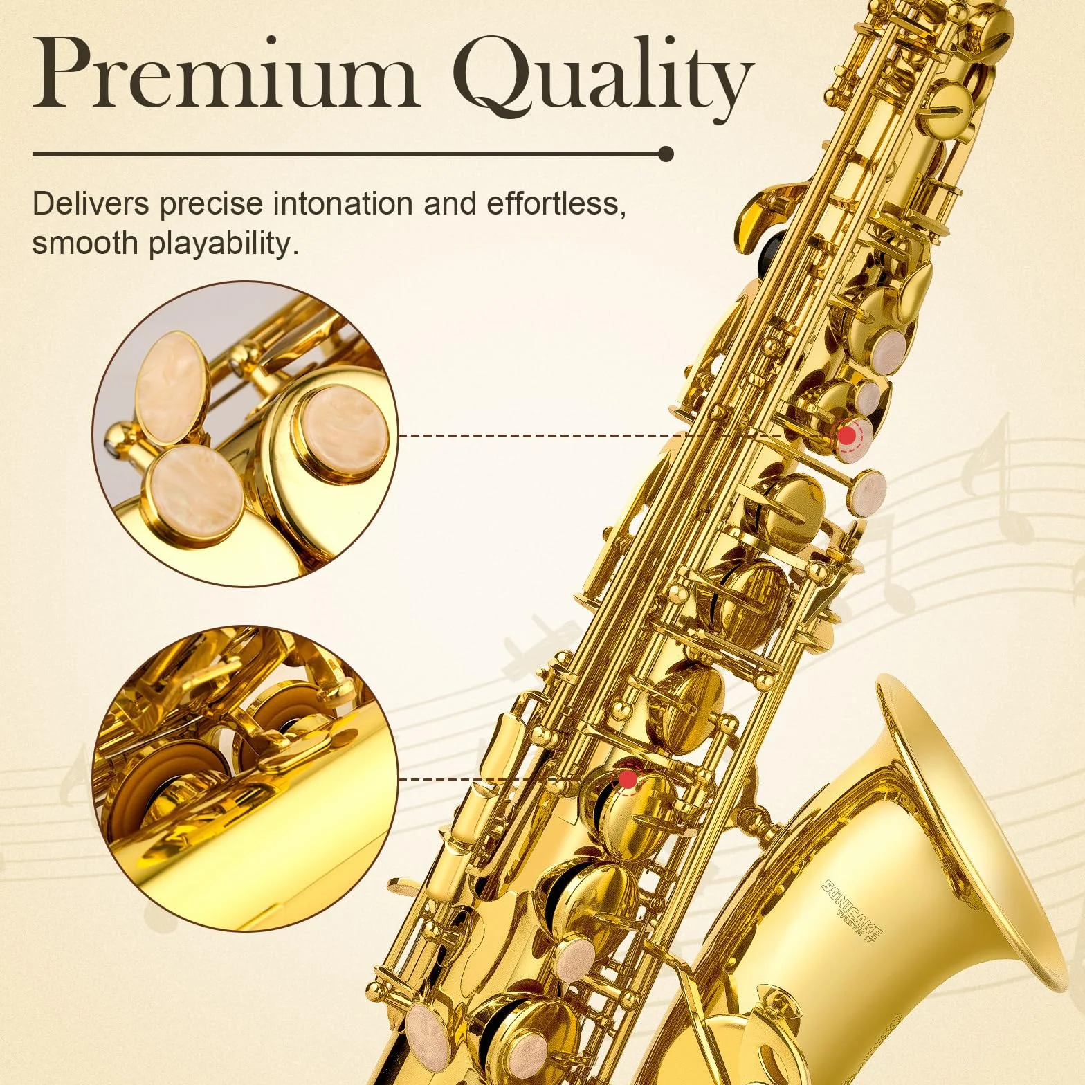 SONICAKE Eb Altsaxophon Goldlack, komplettes Saxophon-Set für Anfänger mit Koffer, Mundstück, Blättern, Ständer & Zubehör QSX-01