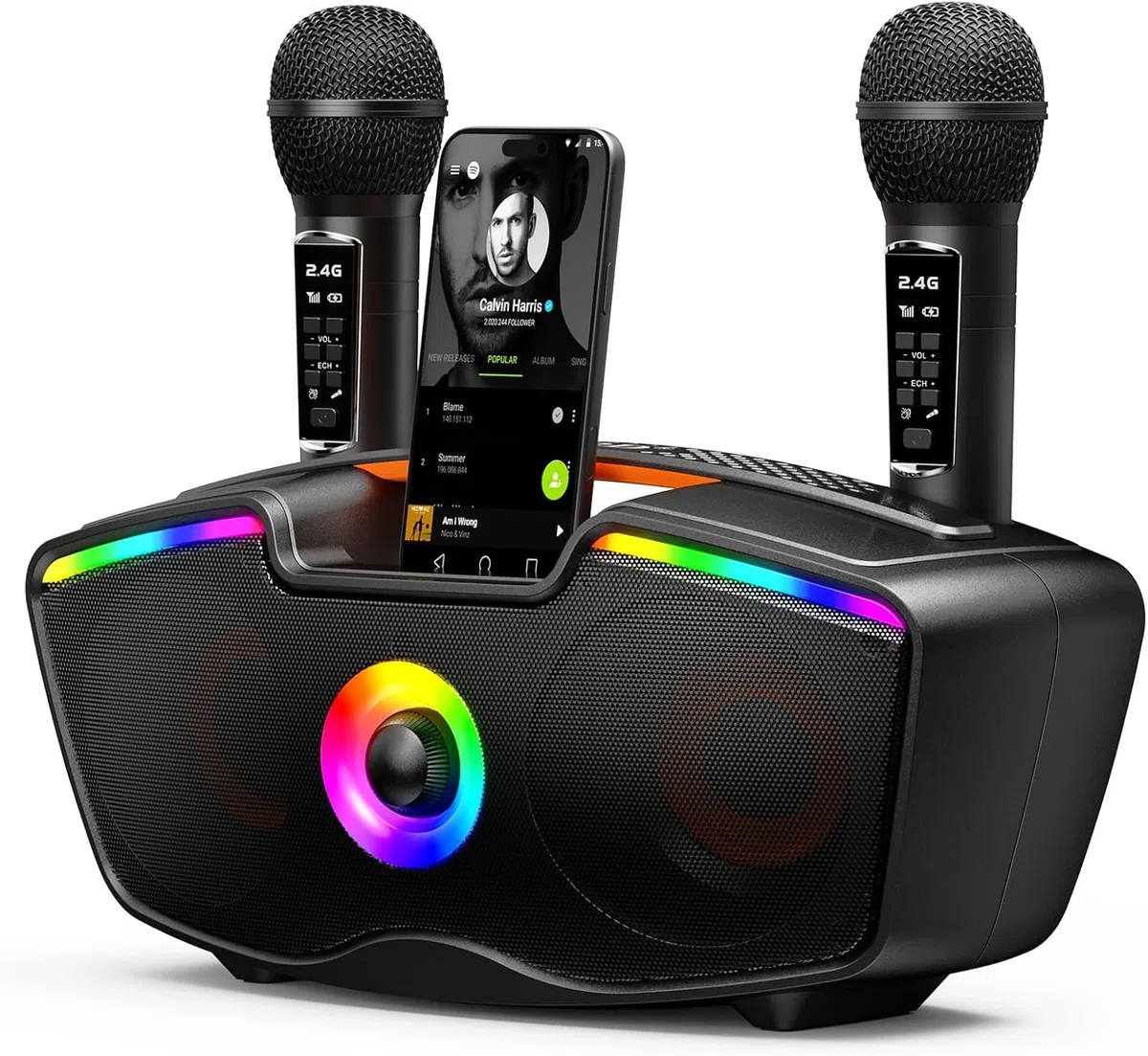 Bluetooth-Karaoke-Maschine für Erwachsene und Kinder, Tragbarer 80-W-Lautsprecher mit 2 Kabellosen Mikrofonen, Echo-Regler, Unterstützt USB/AUX/TF-Karte, Geschenkidee für Drinnen und Draußen