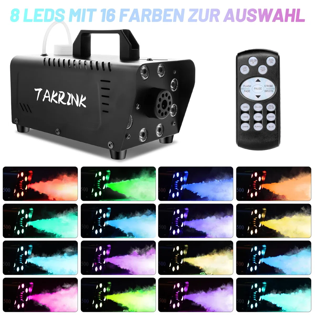 TAKRINK Nebelmaschine Rauchmaschine 900W Nebelmaschine 16 Farben RGB Lichteffekt Mini Nebelmaschine mit Fernbedienung für DJ Disco Party, Hochzeit, Halloween, Weihnachten