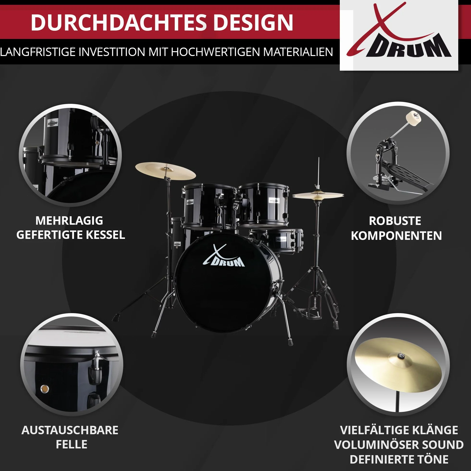 XDrum Rookie 22" Fusion Schlagzeug Komplettset Black - Ideal für Einsteiger - Stylische Hardware in schwarz - Inkl. Drumsticks, Aufbauanleitung und Schlagzeugschule - Schwarz