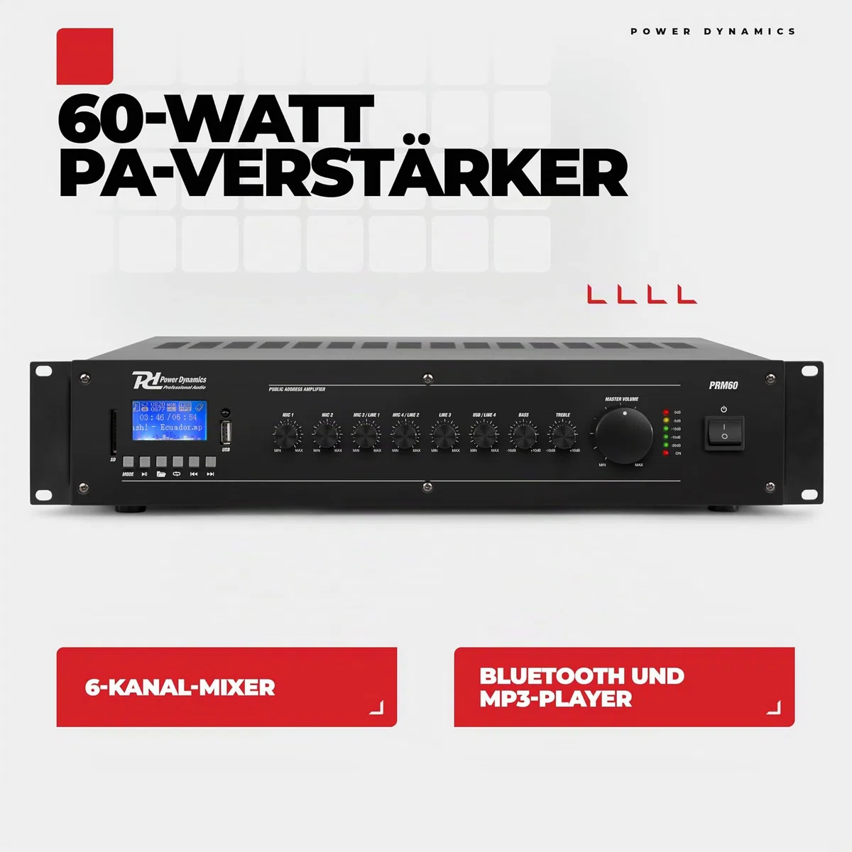 Power Dynamics PRM60 PA Endstufe - Verstärker für Lautsprecher und Musikanlagen, 100 Volt System, 60 Watt PA Verstärker, Bluetooth, MP3-Player, USB, SD, 2x Mic, Soundverstärker