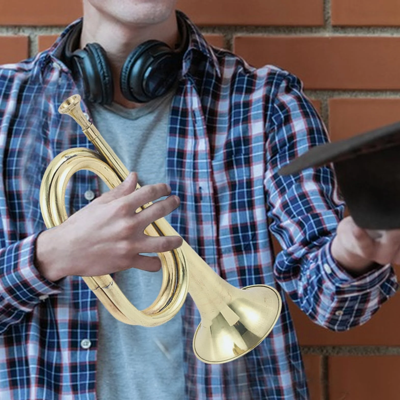 Gold Plated Bugle, Pocket Trumpet, Brass Instruments Trumpet, Toy Trumpet Gold, Toy Brass Trumpet Gold-Plated Pocket Trumpet for Festivals, Orchestra Performances, and Beginner Musicians