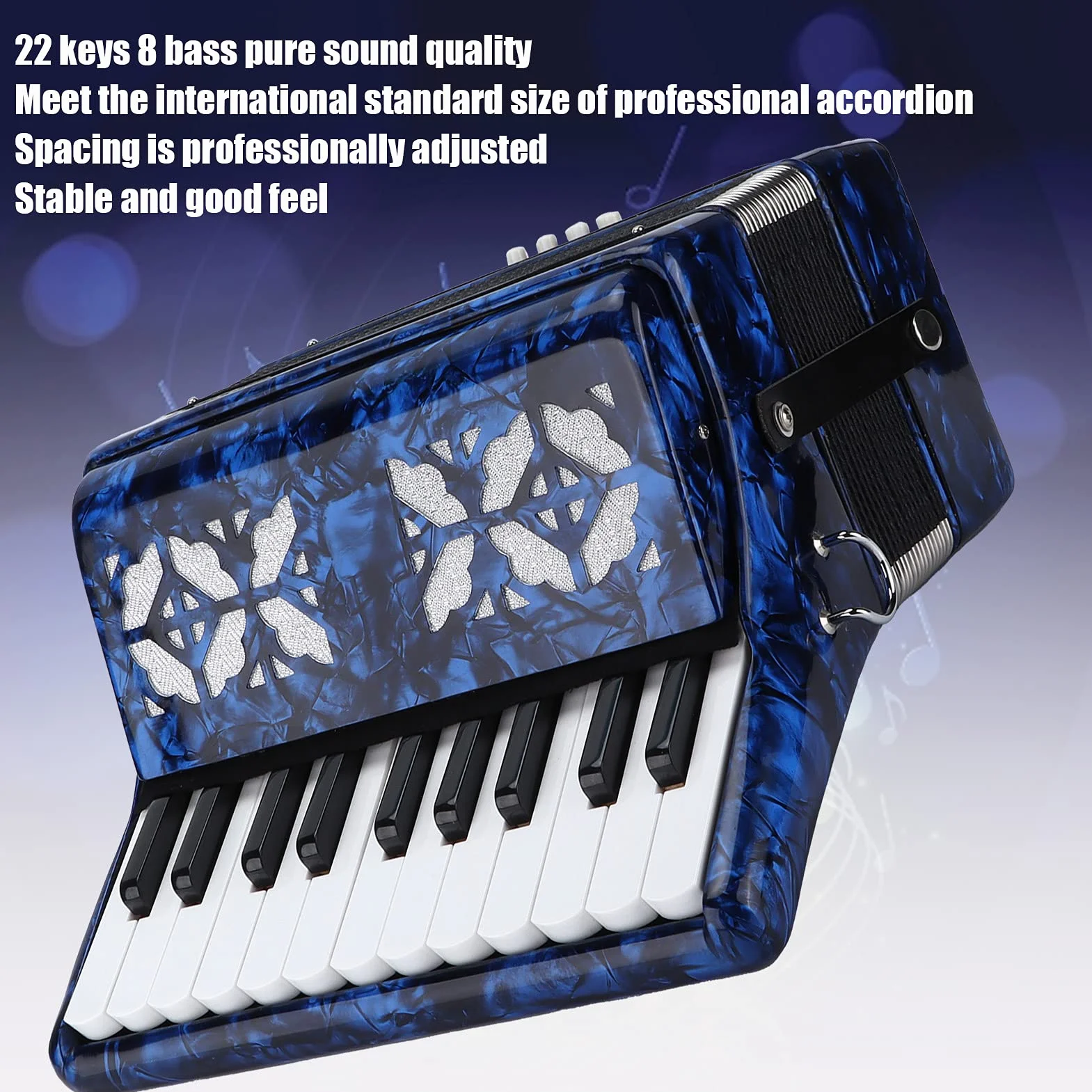 Akkordeon 22 Tasten, Ziehharmonika mit Riemen, Akkordeon für Erwachsene, 8 Bass Accordion, Professionell Keyboard Instrument, Geschenk für Anfänger und Kinder Leistung