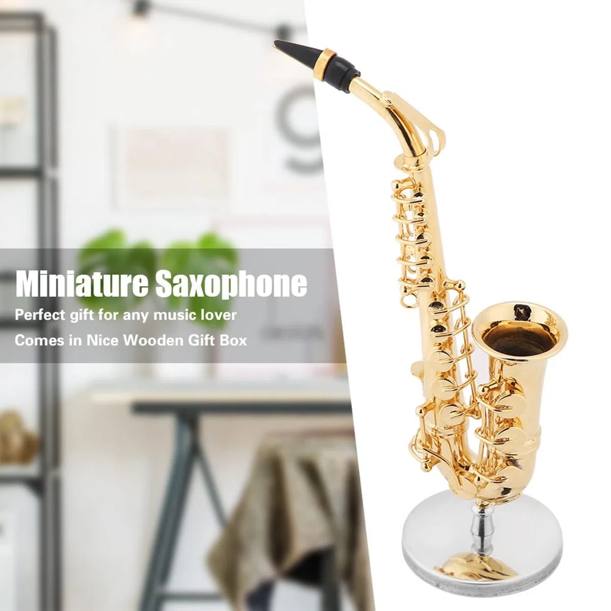 Miniatur Alt Saxophon, Saxophon Modell mit Ständer und Gehäuse Mini Musikinstrument Saxophon Instrument Modell Ornamente Golden Plated Musical Ornaments