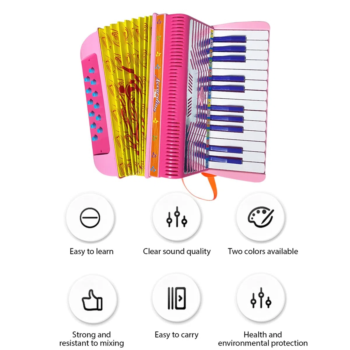 SEAFRONT Akkordeon, 24 Tasten, 12 Bässe, ABS, Tragbare Knopfkonzertina mit Schnalle für die Musikausbildung, Bühnenaufführungspraxis (Grün/Pink) (PINK)