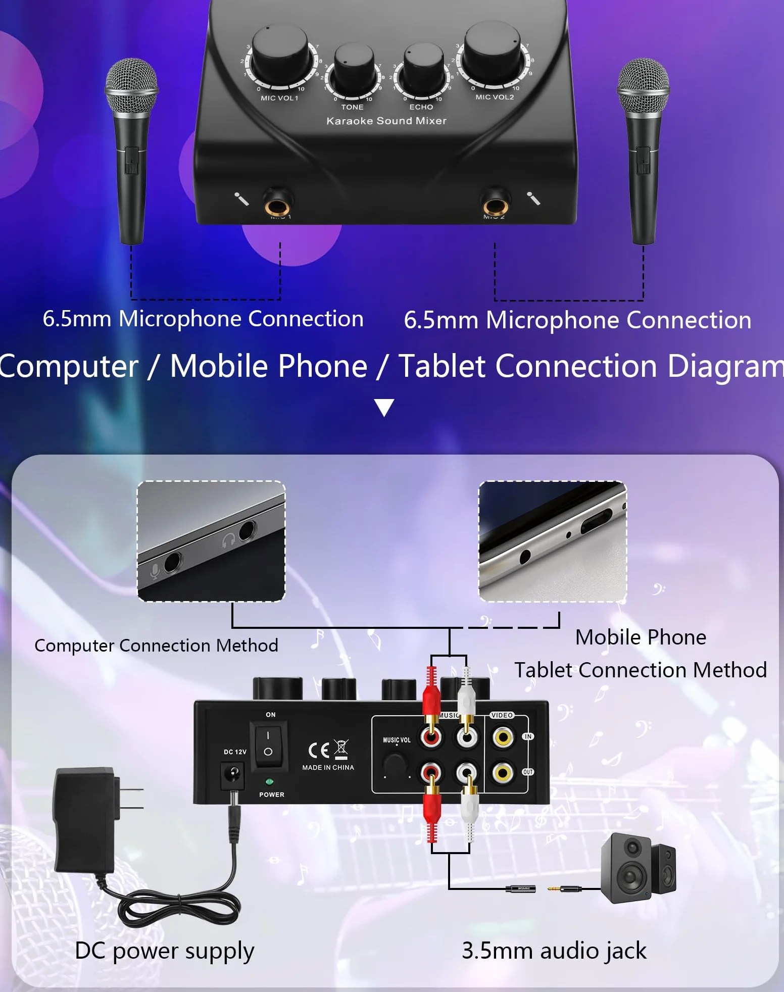 CERRXIAN Karaoke-Soundmixer, zwei Mikrofonanschlüsse mit Echo-Regler, kompatibel mit Fernseher, Computer, Smartphone und Tablet für Karaoke-Partys zu Hause