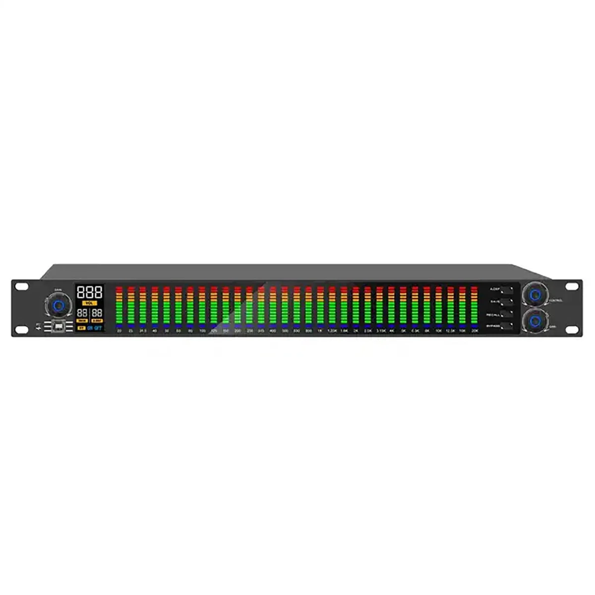 31-Band-Stereo-Grafik-Equalizer, 2-Kanal-Grafik-Equalizer, LED-Spektrumanzeige, 10 voreingestellte Effekte, automatische Rauschunterdrückung und PC-Tuning, Studio-Signalprozessor