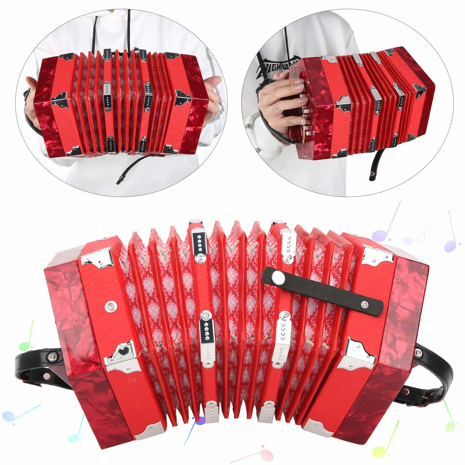 Mxzzand Akkordeon Concertina Instrument mit verstellbarer Handschlaufe für den Außenbereich und für Musik (red)