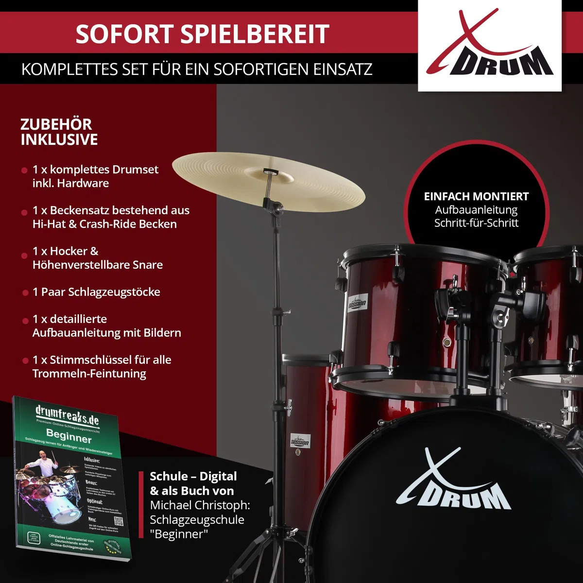 XDrum Rookie Schlagzeug Set Drumset Rot (20" BD, 10", 12", 14" TT, 14" SD, Übungsbecken bestehend aus einem Satz Hi-Hat-Becken 14" und 1 Crash-Ride-Becken 16", inkl. Schule und Schlagzeugdämpferset)
