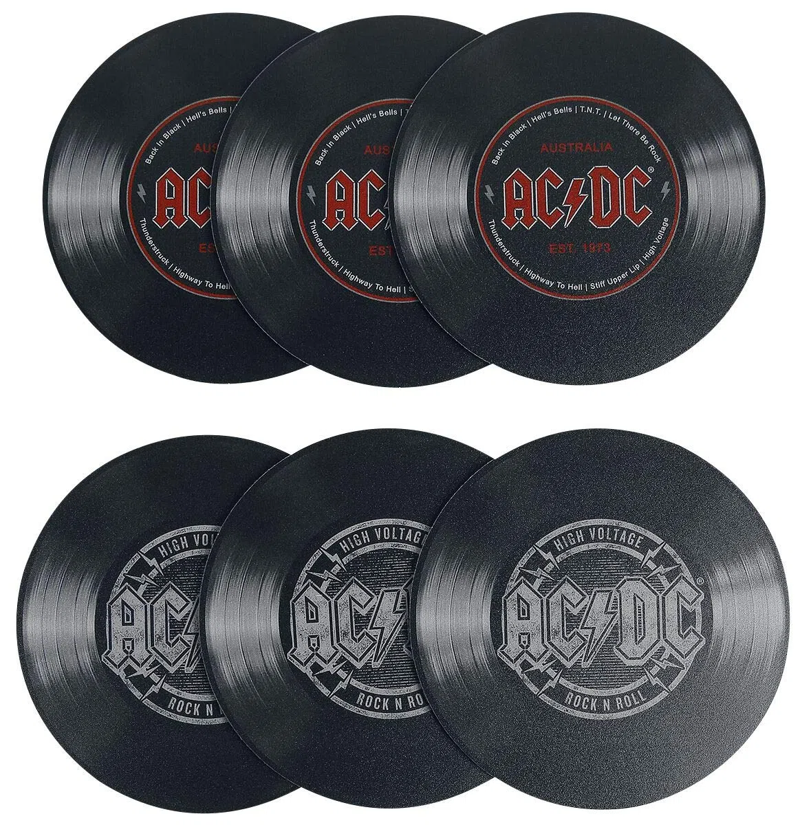 AC/DC Schallplattenunter- Setzer 6-teilig Bedruckt, aus Hart-PVC und rutschfestem Zellkautschuk.
