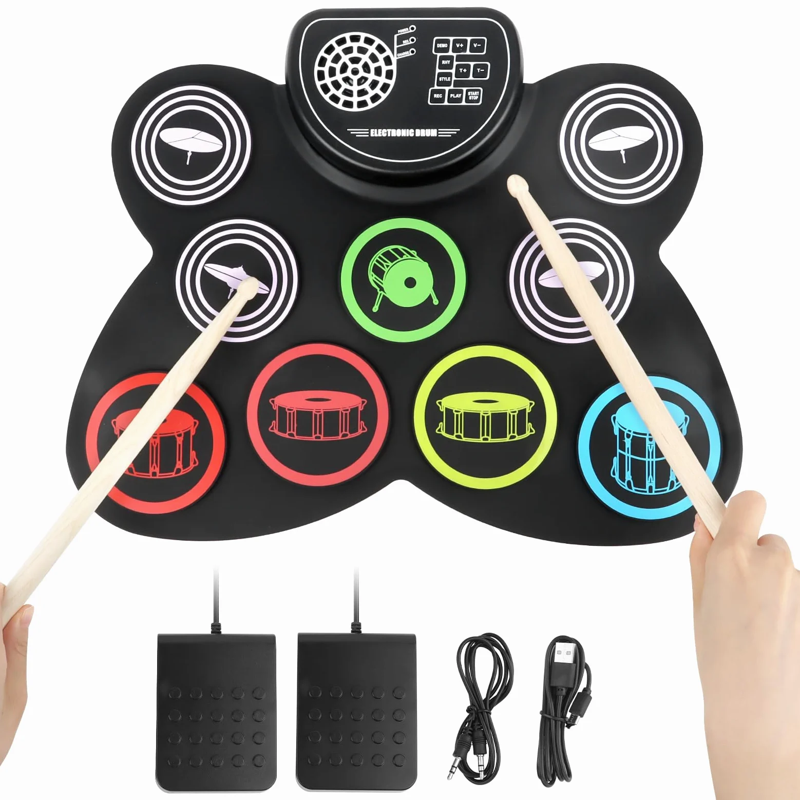 Elektronisches Schlagzeug für Erwachsene und Kinder - Professionelles Musikinstrument mit Kopfhörer, Licht und Soundeffekten - Ideal für Anfänger und Experten