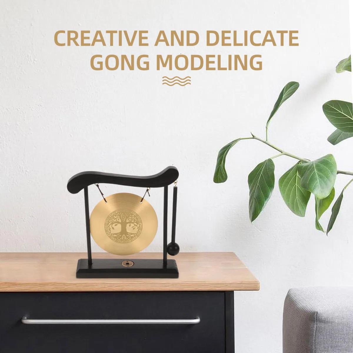 Zerodeko Kleiner Tischgong Lebensbaum aus Metall und Holz Gong Handwerkskunst Tischdekoration für Zuhause und Büro Gong Ornament mit Ständer