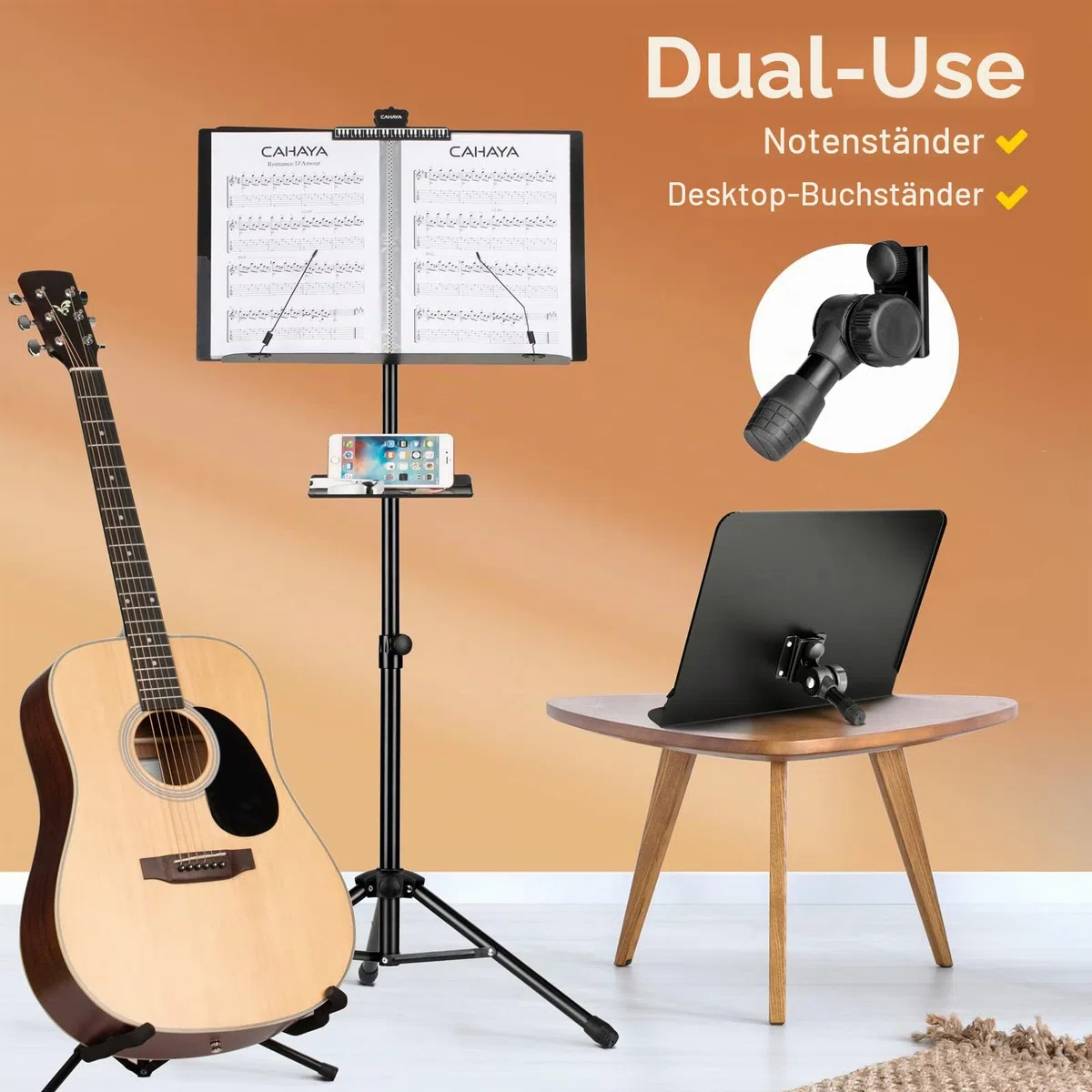 CAHAYA Metall Notenständer klappbar Höhenverstellbar mit Klemmbrett & Tischbuchständer mit Wasserdicht Tragetasche für Gitarre, Ukulele, Geige CY0194+CY0320