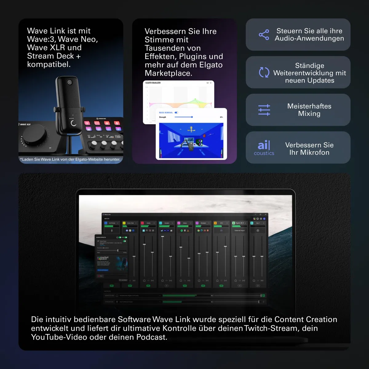 Elgato Wave:3 - Professionelles USB-Kondensatormikrofon für Streaming, Podcasts, Gaming und Homeoffice, gratis Mixing-Software, Soundeffekt-Plugins, Anti-Verzerrung, Plug & Play, für Mac - PC