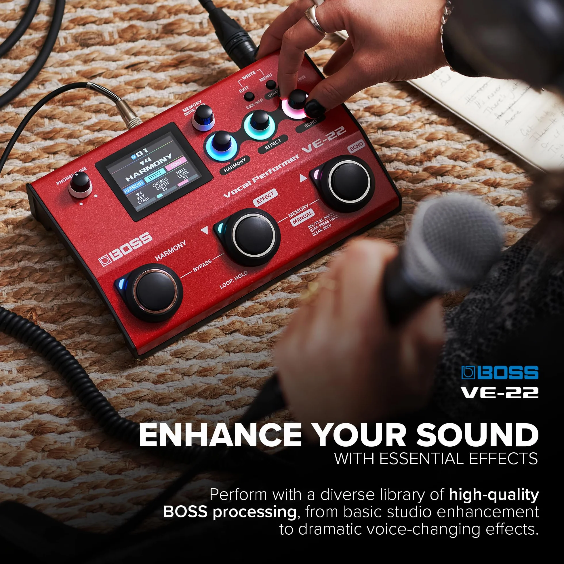 BOSS VE-22 Vocal Performer | Moderner Multieffekt-Prozessor für Sänger | Leistungsfähige Harmonie- & Doubler-Funktionen | Automatische Tonhöhenanpassung | Perfekt für Live-Performances