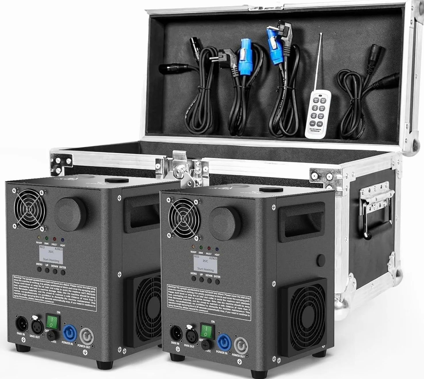 2PCS 1000W Schwarz Elektronisch Pyrotechnikmaschinen mit Flightcase, Bühne Spezialeffekt Ausrüstung mit d-mx512 & Kabellose Fernbedienung Funkenmaschine für Hochzeit Party Konzert Weihnachten