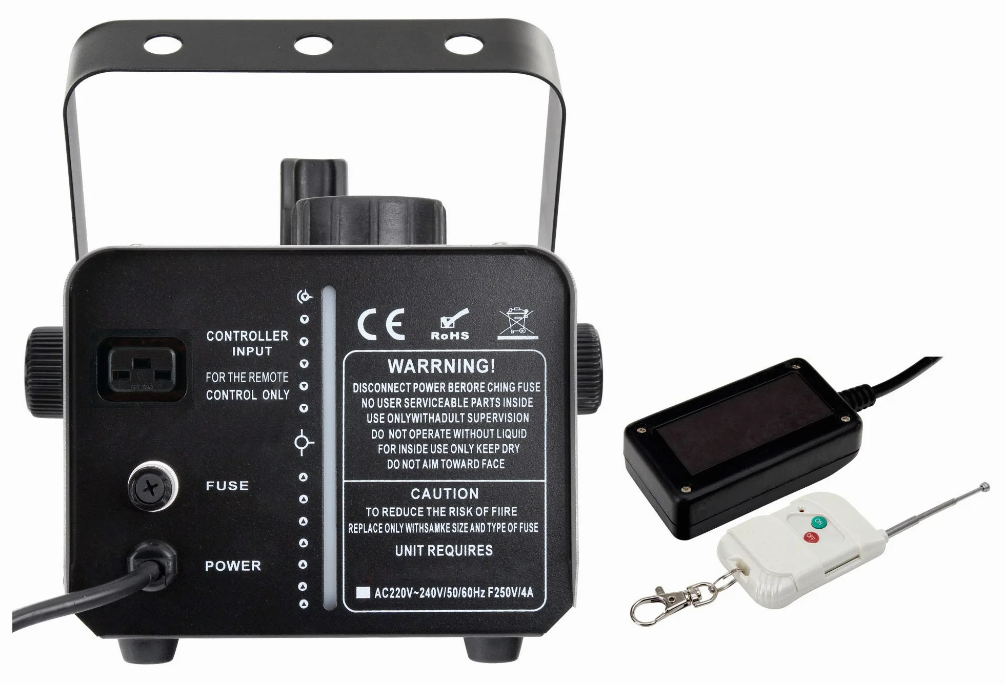 Showlite SM-600 Schneemaschine 600W mit Funk-Fernbedienung (30 m³/min Schneeausstoß, keine Aufwärmzeit, Tankvolumen: 1 Liter, inkl. Hängebügel) silber