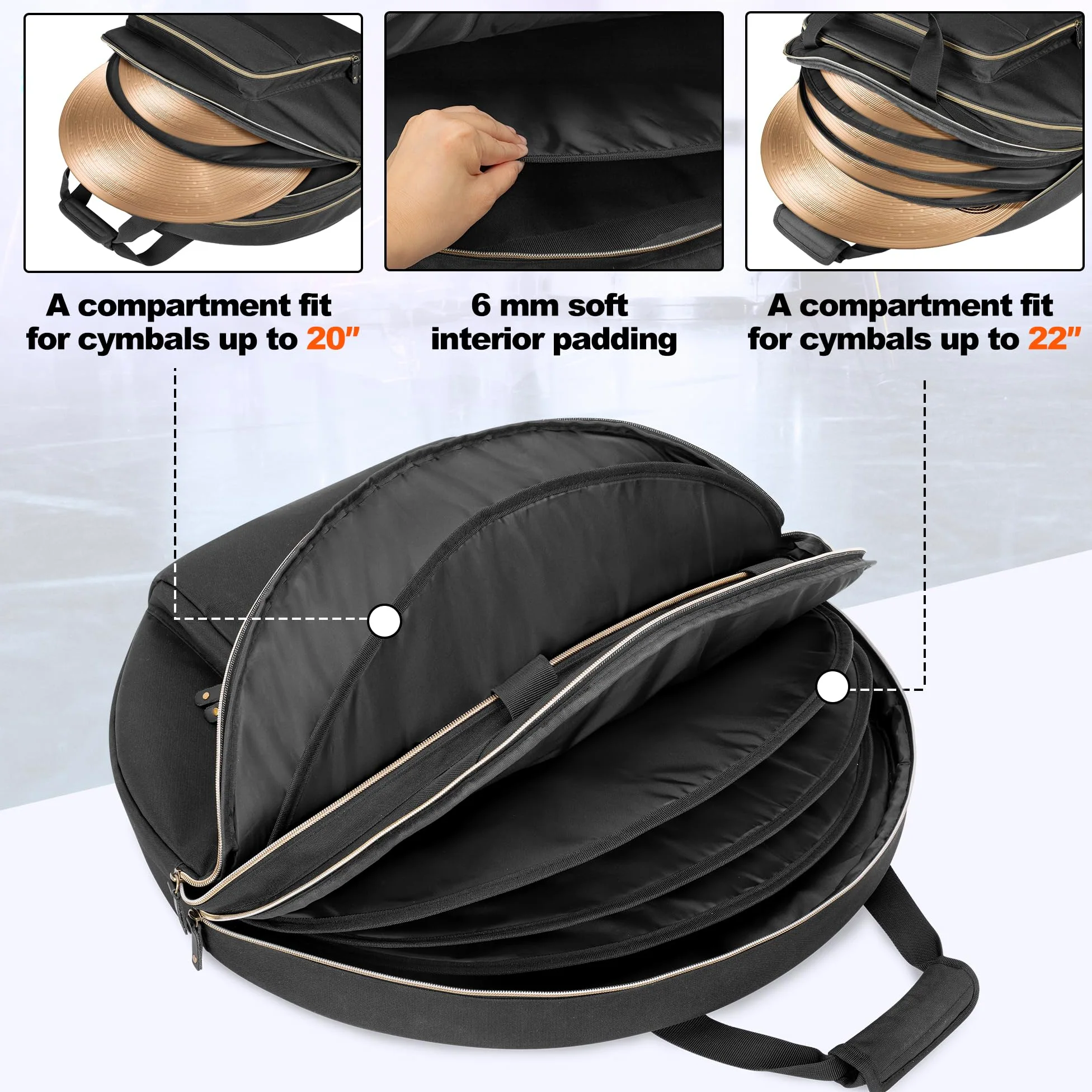 Damero 22" Tasche für Becken, Doppelschichtiges Beckentasche mit 6 mm gepolsterter Trennwand, Griffe und Rucksackgurte für Trommelbecken und Zubehör