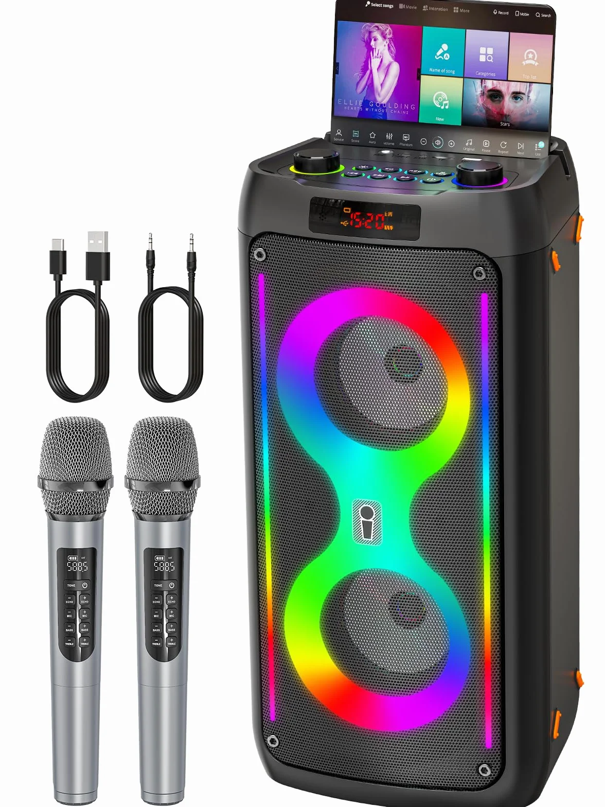 Karaoke-Maschine, Tragbarer Bluetooth-Lautsprecher mit 2 drahtlosen Mikrofonen für Erwachsene, PA-System mit Disco-Lichtern für große Party, Outdoor, unterstützt USB/TF/Rec/AUX