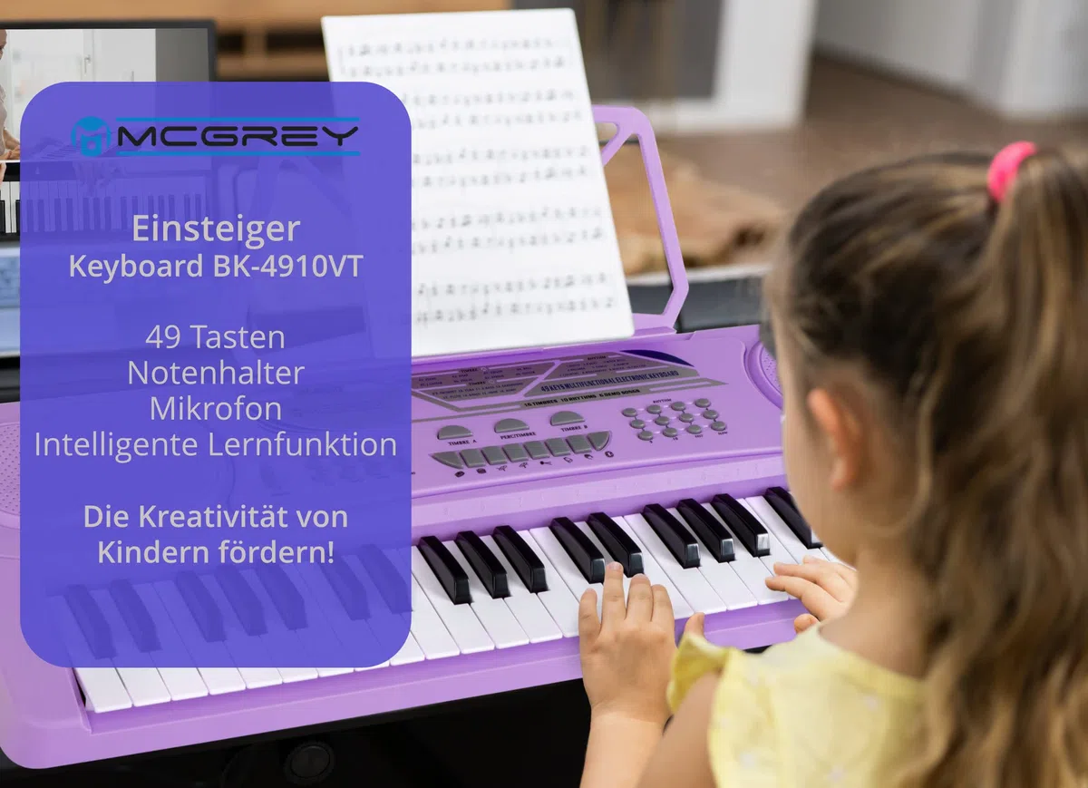 McGrey BK-4910VT Keyboard - Einsteiger-Keyboard 49 Tasten - mit 16 Sounds & 10 Rhythmen - 8 Percussion-Sounds & 6 Demo-Songs - Mikrofon & Notenhalter - Lila