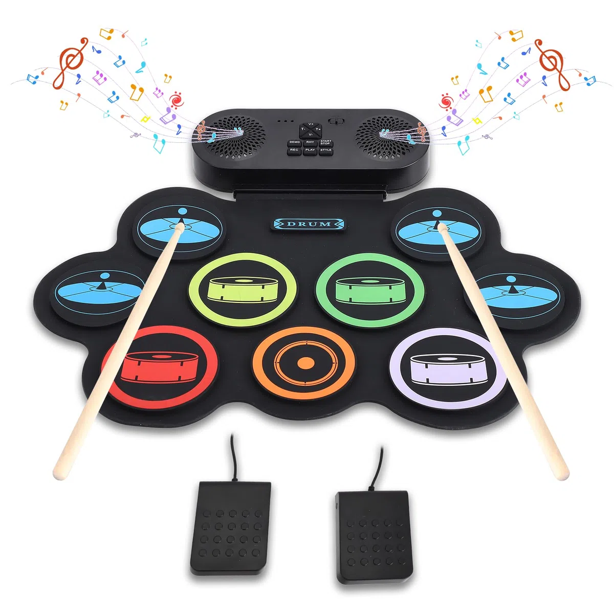 Kinder Schlagzeug Elektronisch mit 9 Pads,2 Stereolautsprecher,E-drum Set pocket drum，Elektronisches Schlagzeug E Drums mit 2 Fußpedalen & USB Wiederaufladbar für Kinder und Anfänger