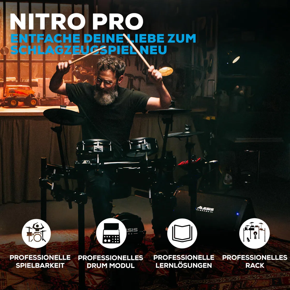 Alesis Nitro Pro Schlagzeug Elektronisch mit leisen Dual Zone Mesh Pads, 500+ authentischen BFD-Sounds, Bluetooth, Drumeo, USB-MIDI, Double Kick kompatibel