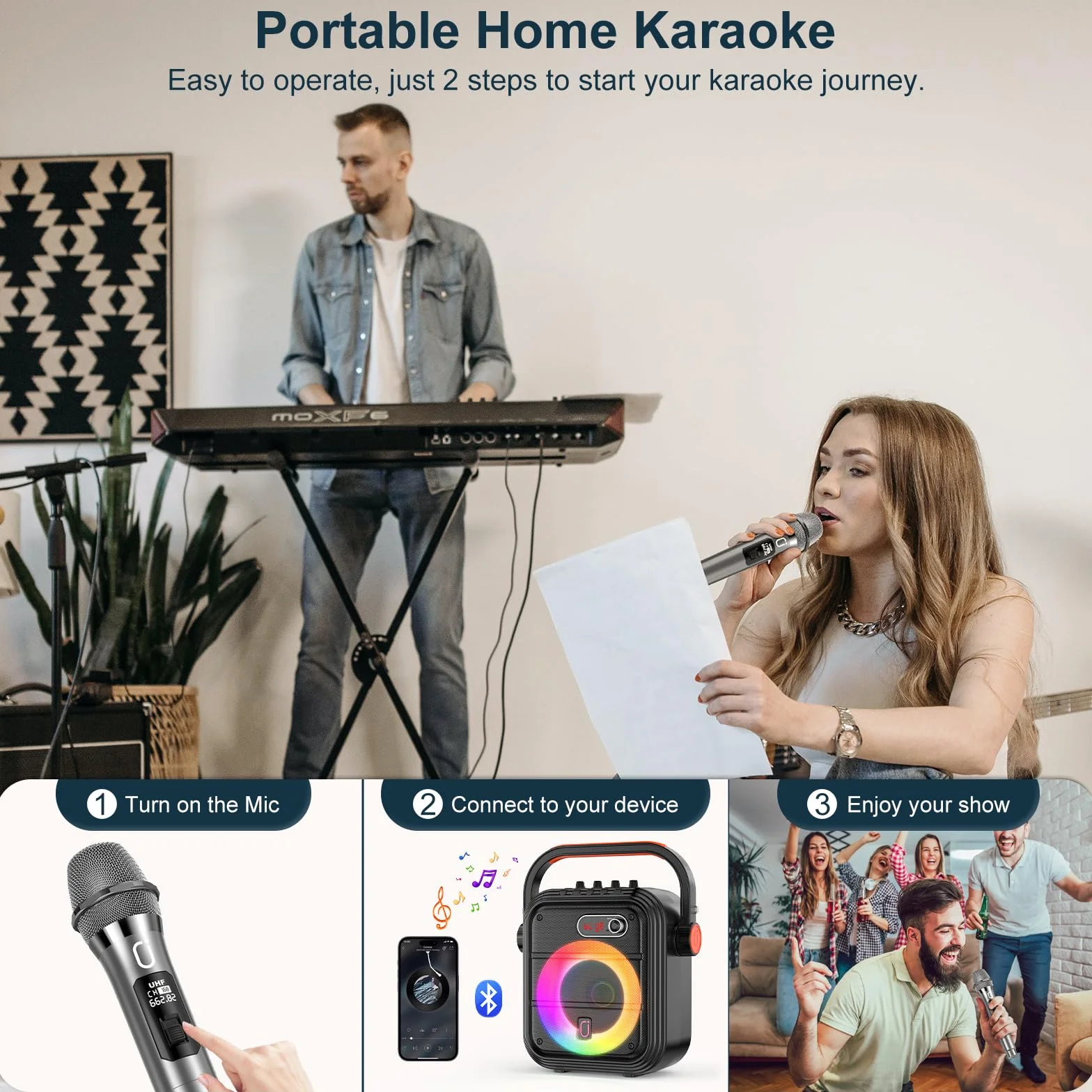 JYX Karaoke Maschine mit 2 kabellose Mikrofones, Tragbaren Bluetooth Lautsprecher mit RGB-Licht Unterstützt TF/USB, AUX,FM,Rec,TWS, Karaoke Anlage für Karaoke, Party, PA-System für Erwachsene/Kinder