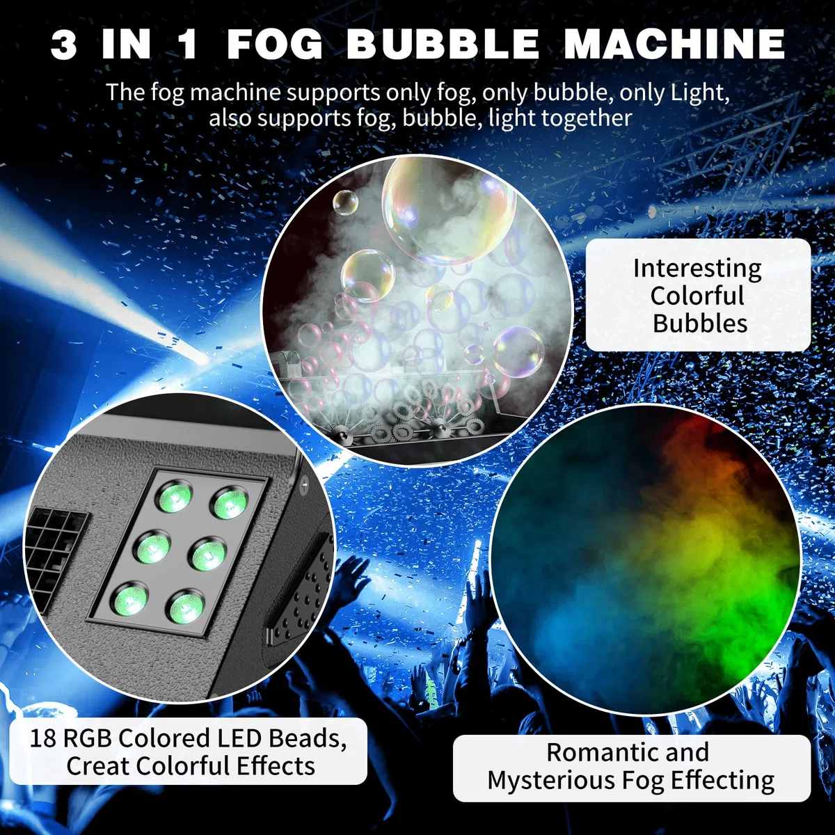 1500W Nebelmaschine mit Blasen & Fernbedienung, Seifenblasenmaschine RGB 18 LED Effekten Seifenblasen Maschine für Party, DJ, Halloween, Weihnachten, Hochzeit
