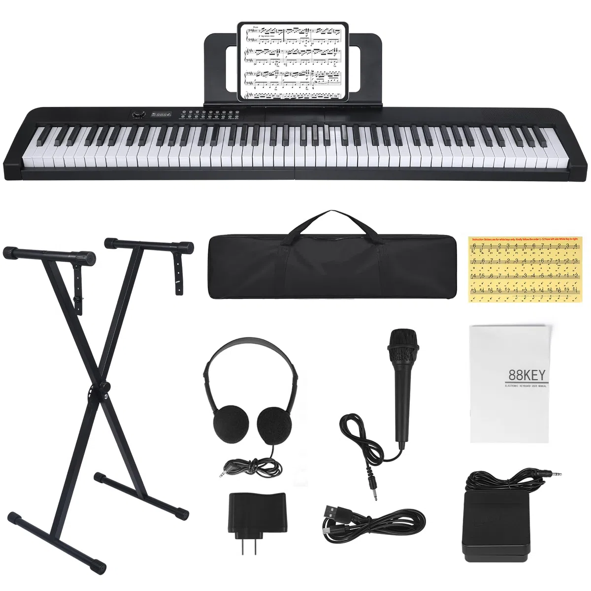 Klaviertastatur mit 88 Tasten, elektrisches Digitalpiano mit halbgewichteten Tasten, Keyboard Piano mit Sustain-Pedal, Netzteil, Ständer, Tragetasche, Kopfhörer, USB-MIDI-Kompatibilität, für Anfänger